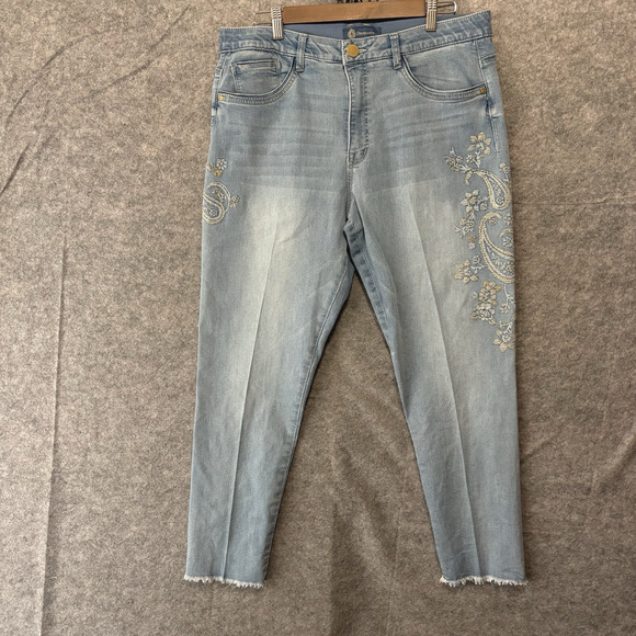 Democracy Ab Solution Jeans Womens Sz 16 Blue Embroidered Paisley Raw Hem - Picture 1 of 12